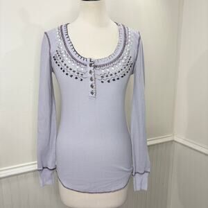 We the Free People Size XS Thermal Henley Top Embroidered Boho Lavender FLAW